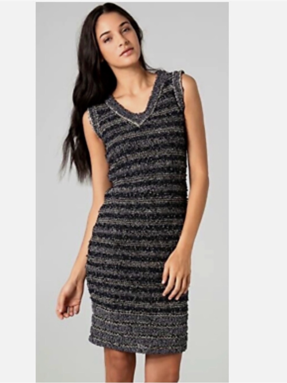 RACHEL Rachel Roy Striped Knit V-Neck Midi Dress in Black and Gray